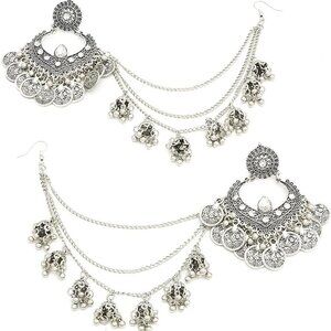Indian Silver Jhumka Earrings Beads Tassel Dangling Drop Bohemian Jewelry